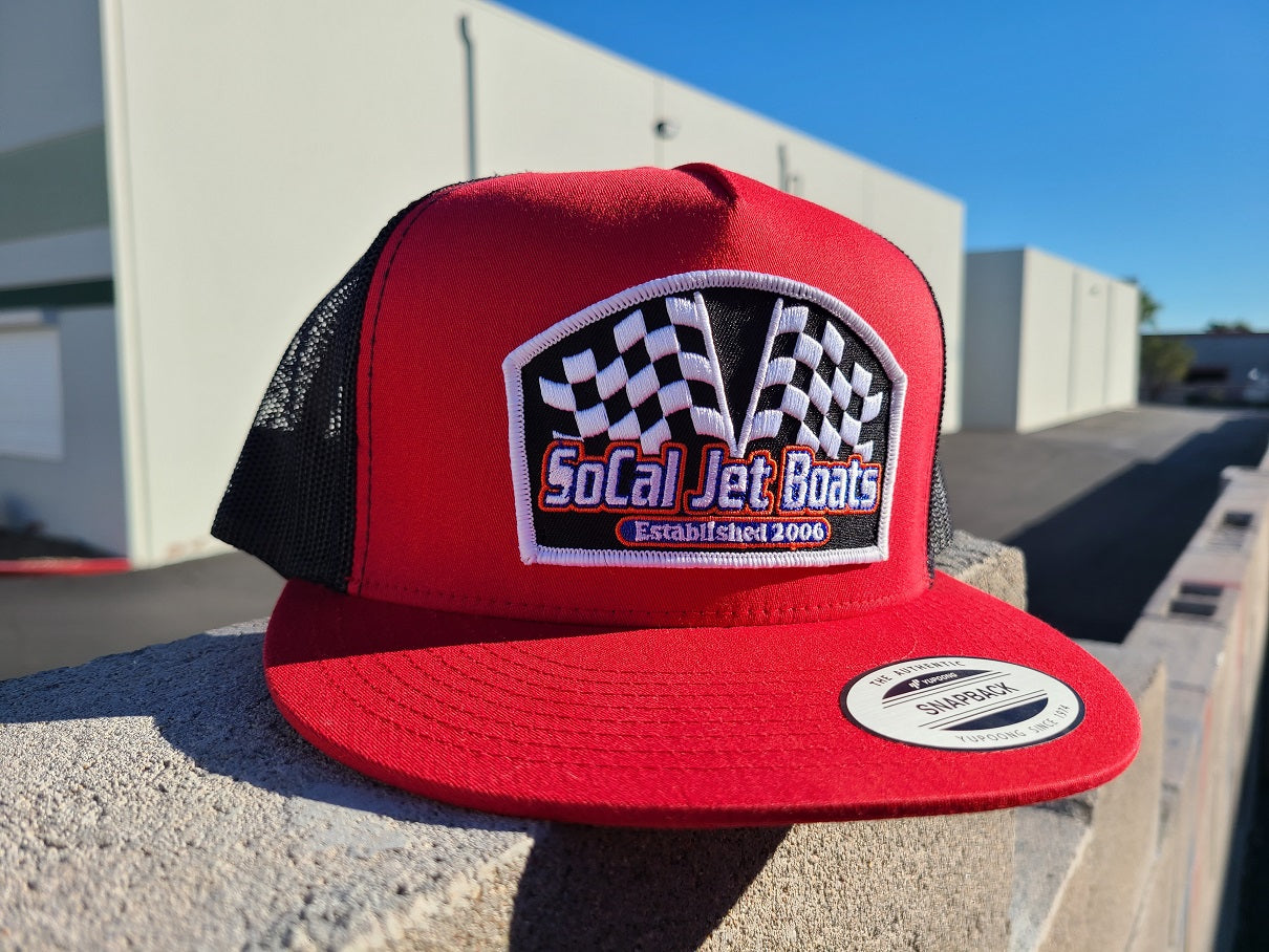 The Finish Line Red & Black Snapback Trucker Hat | SoCal Jet Boats | Jet Boat Apparel
