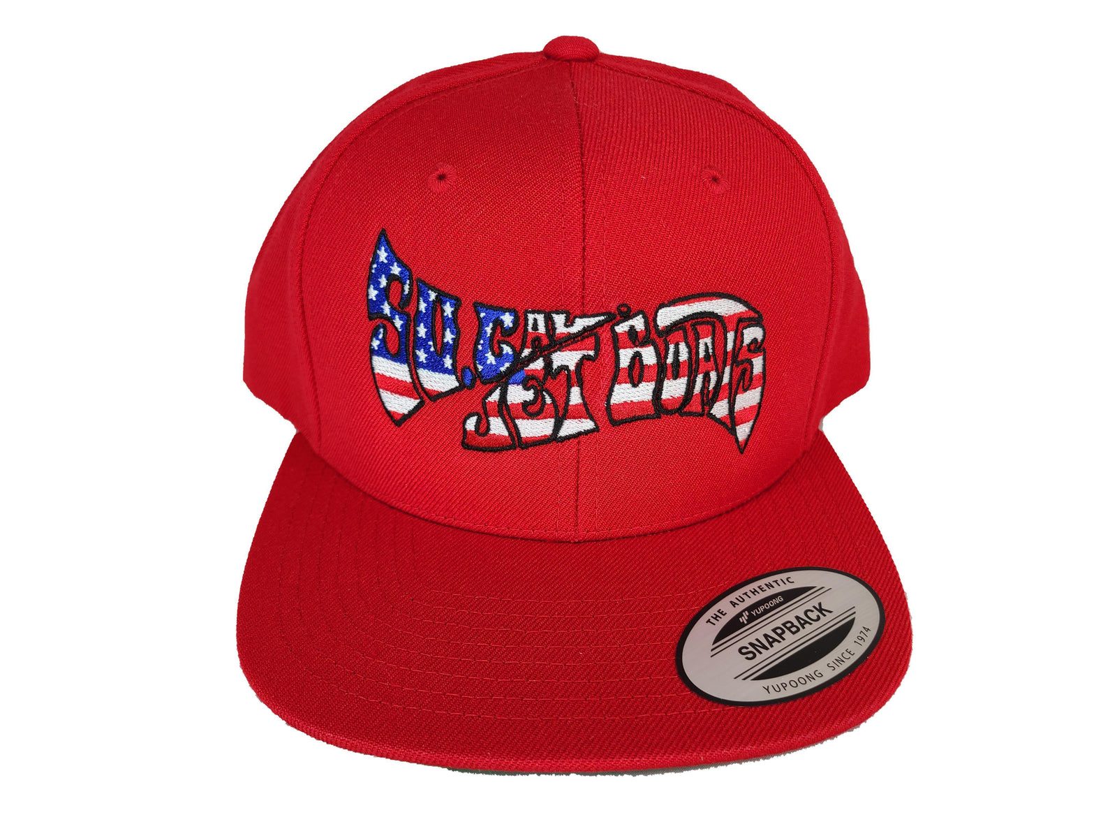 Red Snapback with American Flag Wave Logo | SoCal Jet Boats | Jet Boat Apparel