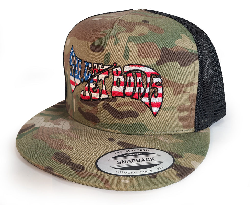 Camo Snapback with American Flag Wave Logo | SoCal Jet Boats | Jet Boat Apparel