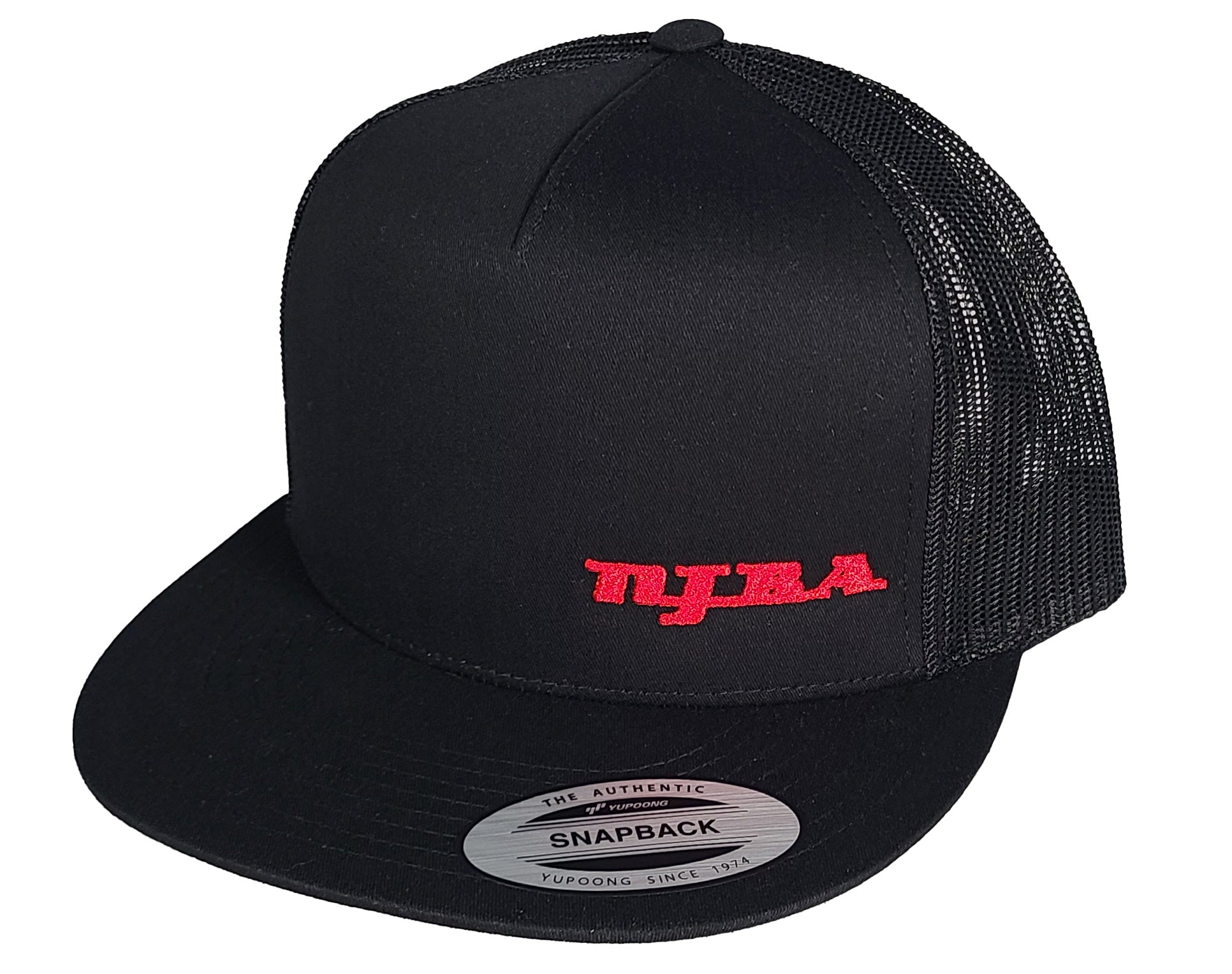 NJBA Black Mesh Snapback Trucker Hat - Red Stitching
