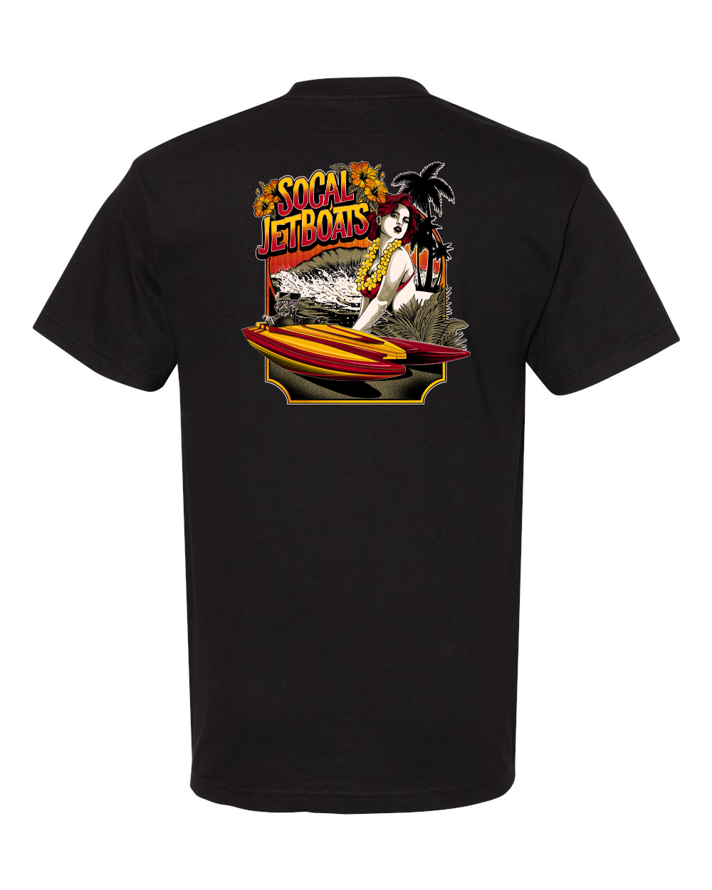 Back view of the men's black 'The Sammy' short-sleeve t-shirt featuring a custom 2014 Cheyenne Tunnel Jet Boat screen printed graphic.