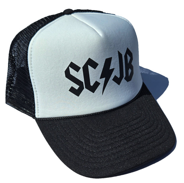 Black and White SCJB Bolt Foam Trucker Hat | SoCal Jet Boats | Jet Boat Apparel