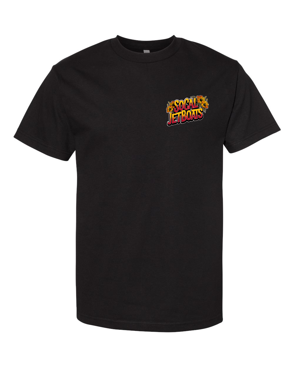 Front view of the men's black SoCal Jet Boats short-sleeve t-shirt.