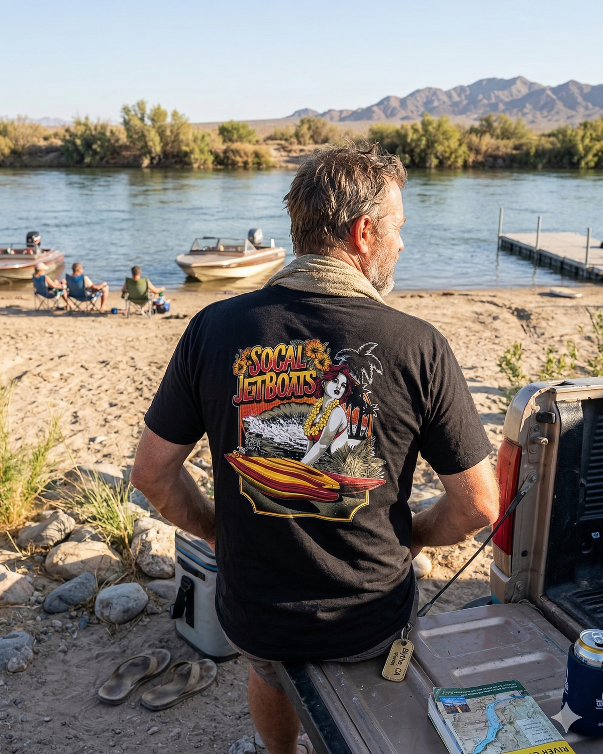 Model view of the men's black 'The Sammy' short-sleeve t-shirt featuring a custom 2014 Cheyenne Tunnel Jet Boat screen printed graphic.