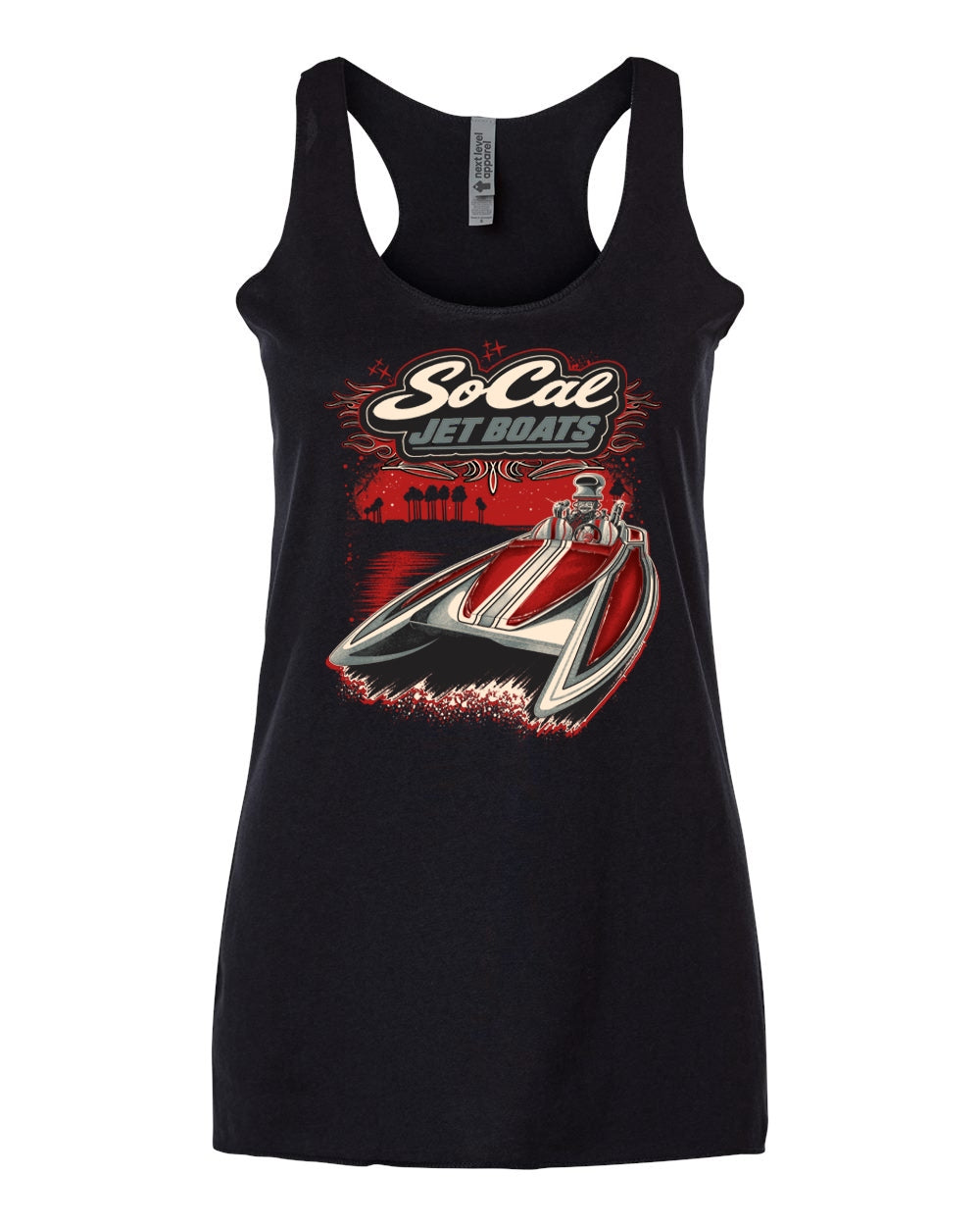 "The Daytona" Women's Black Racerback Tank Top Front | SoCal Jet Boats