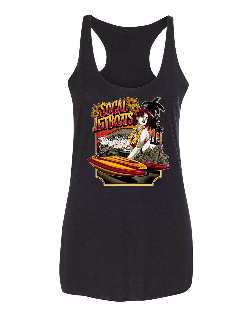 Women's black racerback tank top featuring a custom screen printed graphic of a 2014 Cheyenne Tunnel Jet Boat.