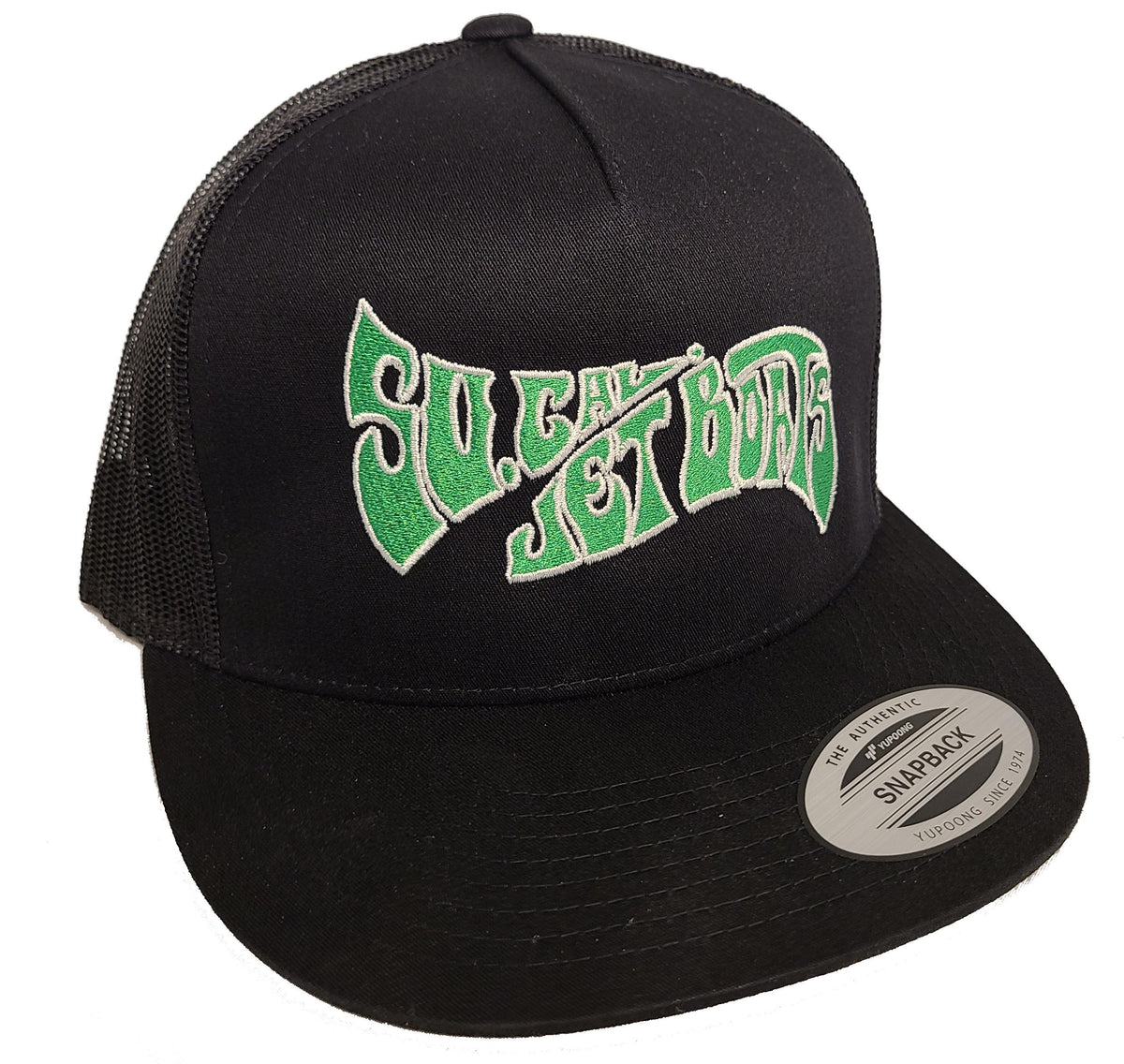 Black Mesh Green/White Stitching Wave Hat