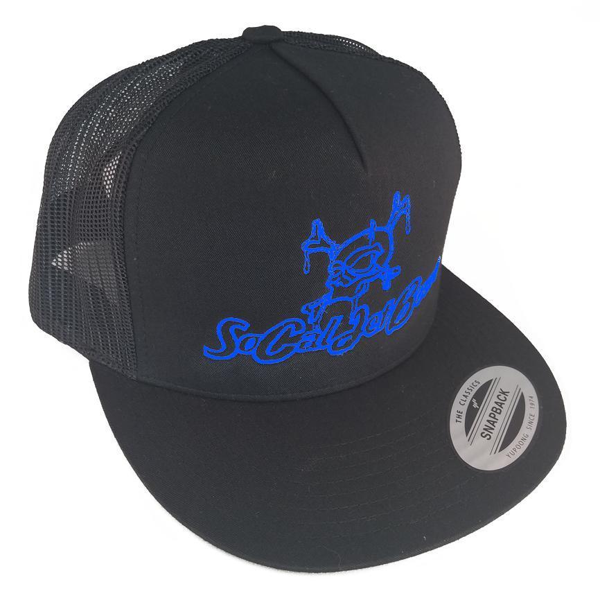 Black Mesh Snapback Trucker Hat - Blue Stitching