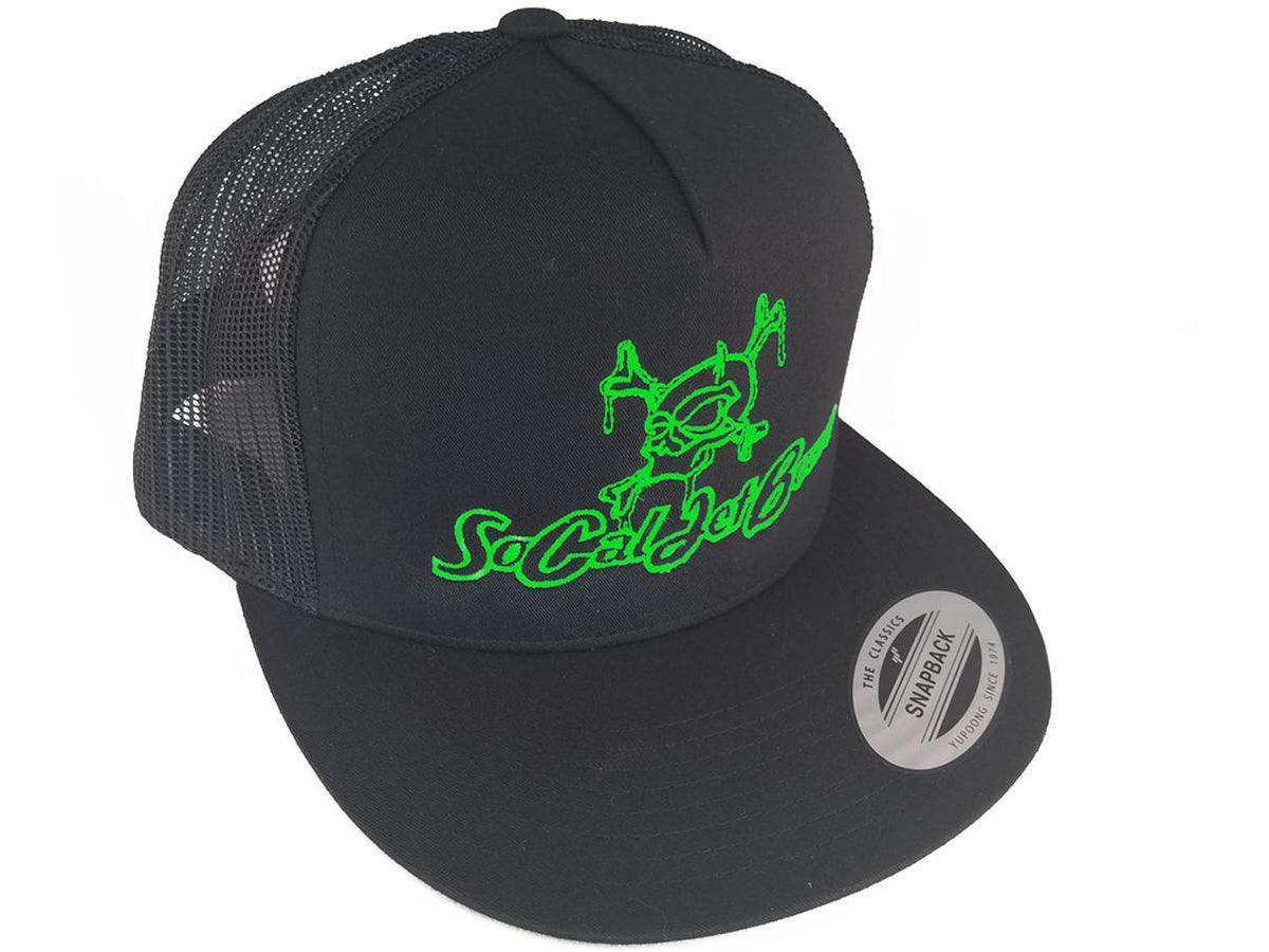 Black Mesh Snapback Trucker Hat - Green Stitching | SoCal Jet Boats | Jet Boat Apparel