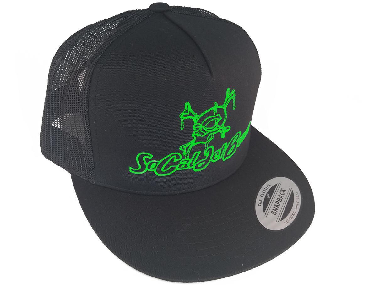 Black Mesh Snapback Trucker Hat - Green Stitching