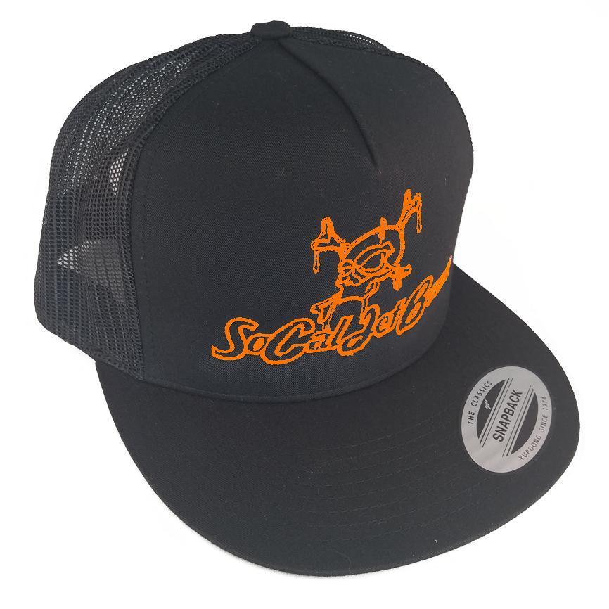 Black Mesh Snapback Trucker Hat - Orange Stitching