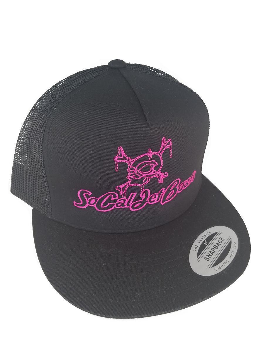 Black Mesh Snapback Trucker Hat - Pink Stitching