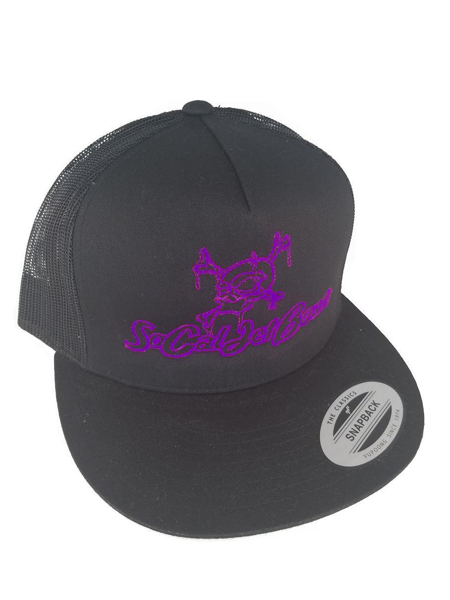 Black Mesh Snapback Trucker Hat - Purple Stitching