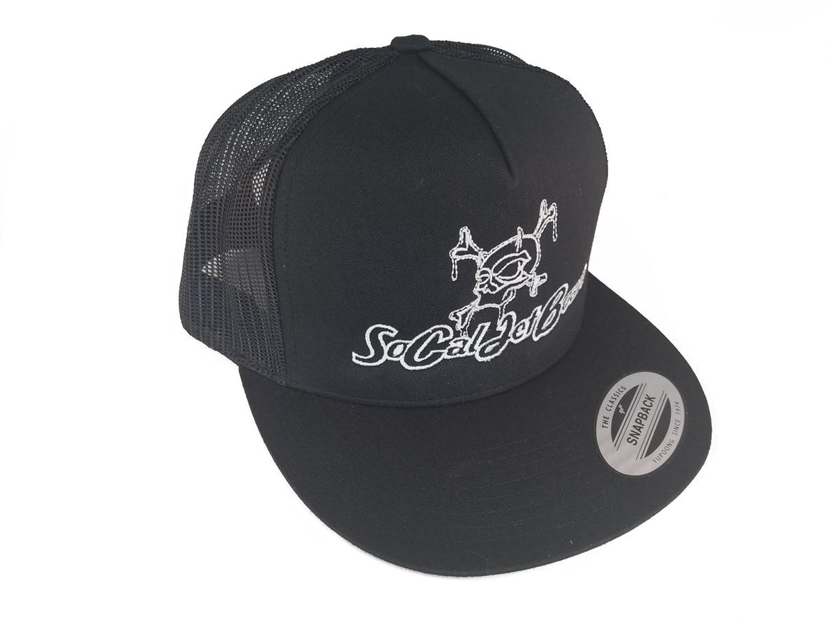 Black Mesh Snapback Trucker Hat - White Stitching