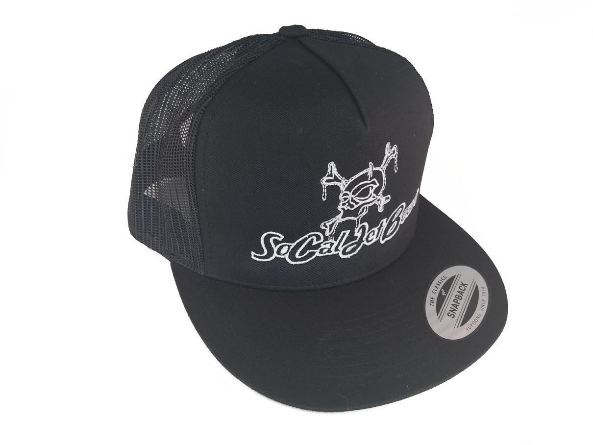 Black Mesh Snapback Trucker Hat - White Stitching