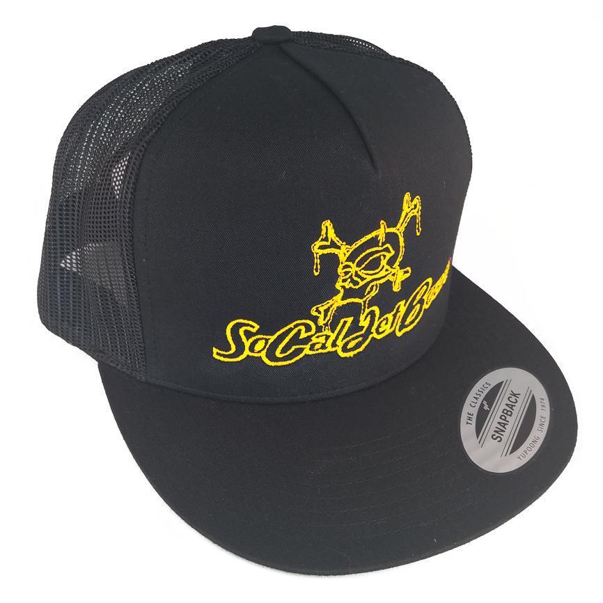 Black Mesh Snapback Trucker Hat - Yellow Stitching