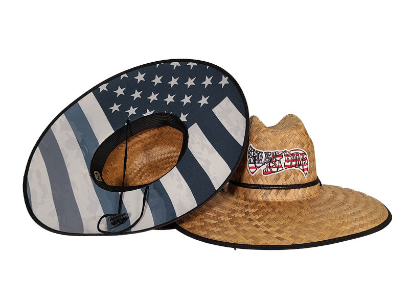 Straw Hat - Black American Flag w/ USA Wave Patch