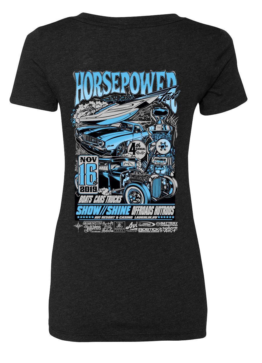 Horsepower Fest 2019 Womens Black V-Neck T-Shirt | SoCal Jet Boats | Jet Boat Apparel