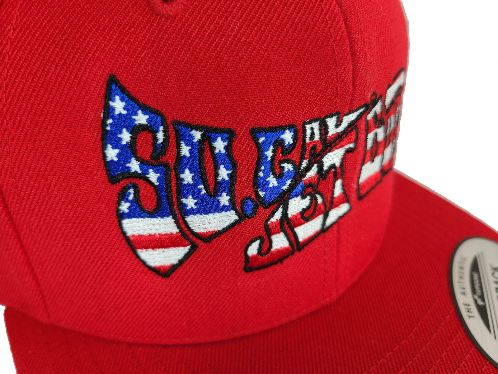 Red Snapback with American Flag Wave Logo | SoCal Jet Boats | Jet Boat Apparel