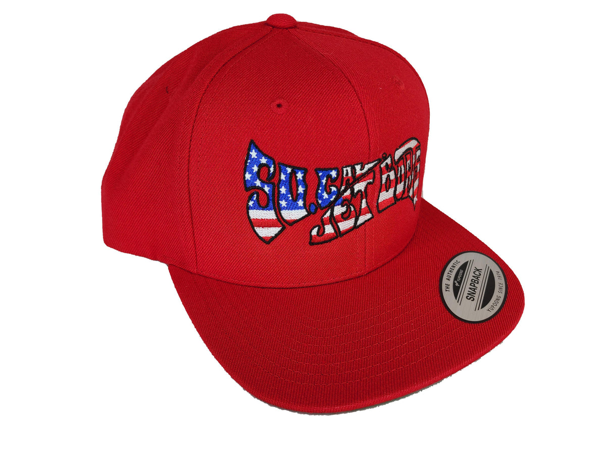 Red Snapback with American Flag Wave Logo | SoCal Jet Boats | Jet Boat Apparel