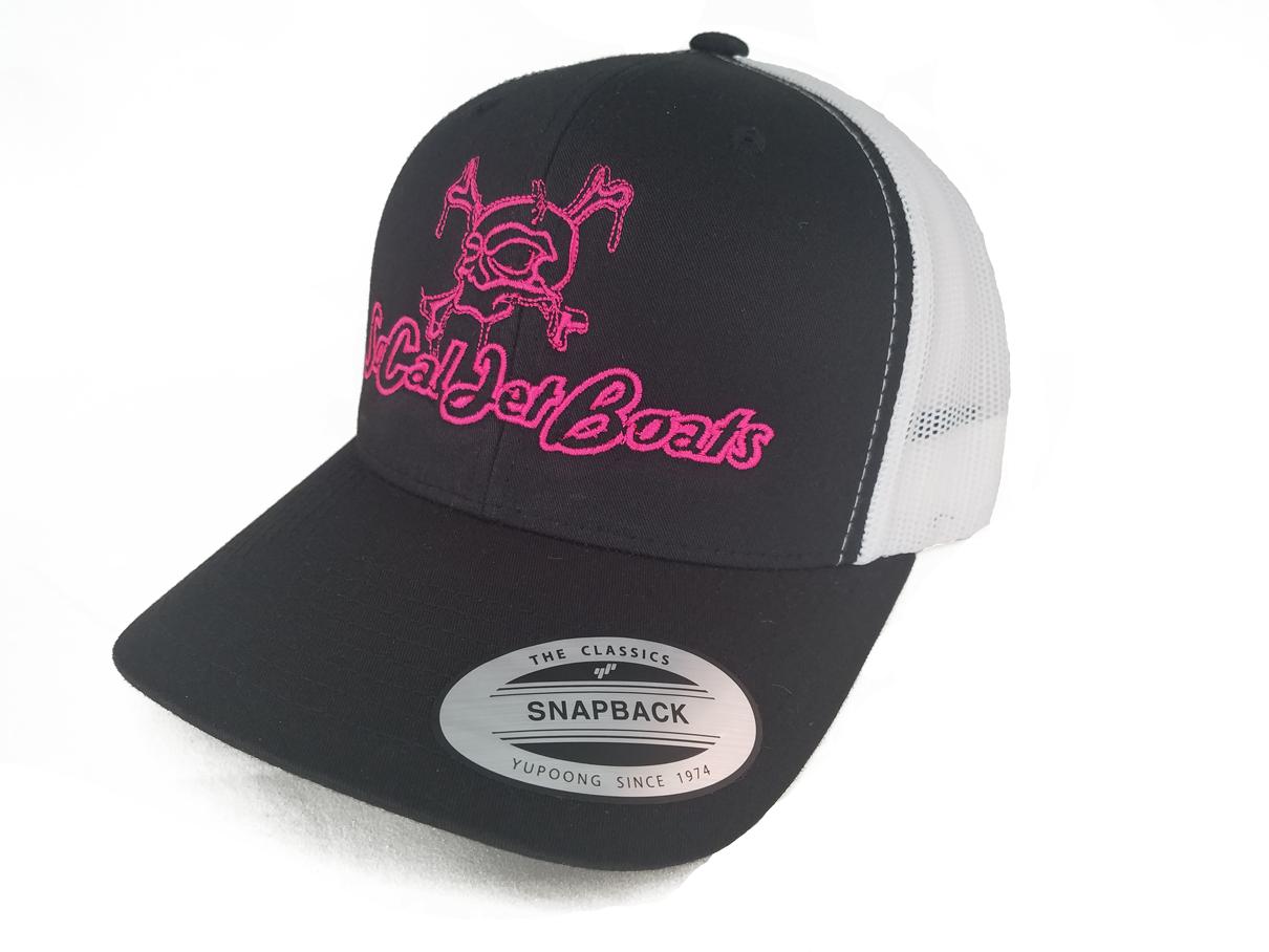 Trucker Hat Curved Bill White Hat Jet Stitching Back SoCal - with Mesh Pink Snap Boats